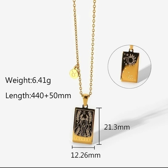 NEW 18K Gold Plated Taurus Zodiac Sign Rectangle Pendant Necklace - Picture 2 of 7